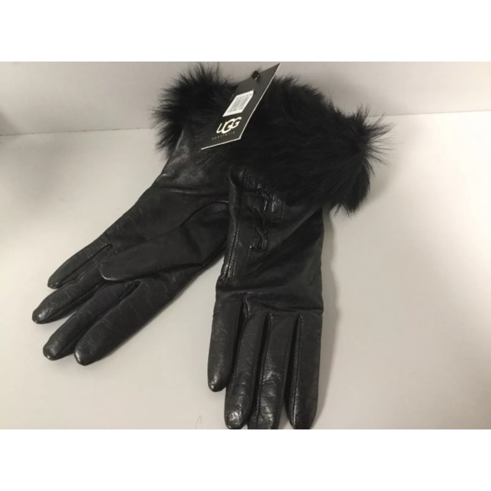 Ugg AUS Blk leather Cashmere Fur Cuff Gloves NEW M
